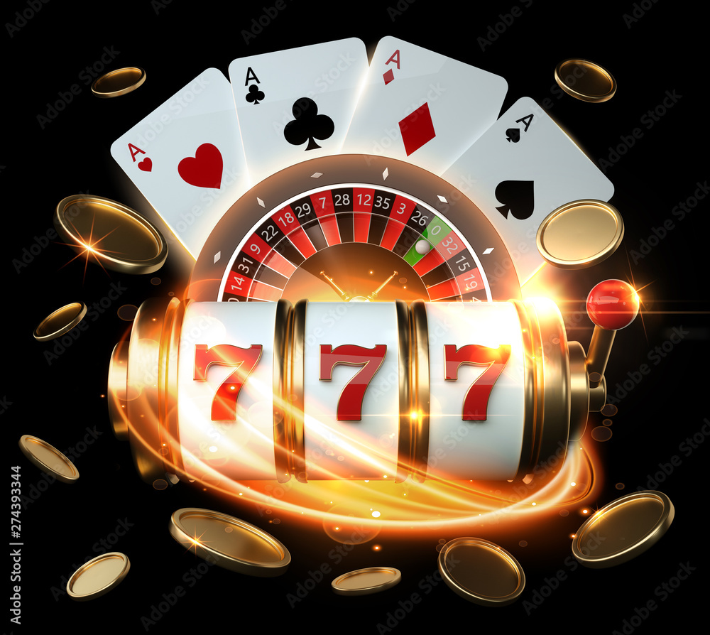 Casino Banner, Gambling Concept, Slot Machine, Roulette Wheel And Four Aces With Golden Coins - 3D Illustration Stock Illustration | Adobe Stock