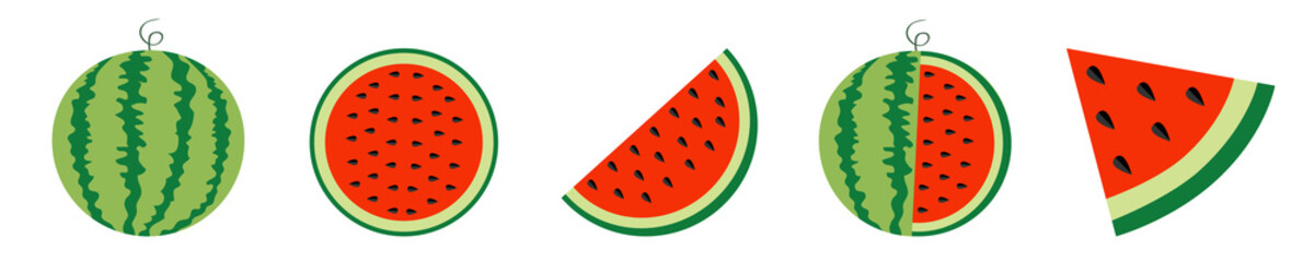 Watermelon icon set line. Whole ripe green stem. Slice cut half seeds. Triangle. Green Red round fruit berry flesh peel. Healthy food. Sweet water melon. Tropical fruits. White background.