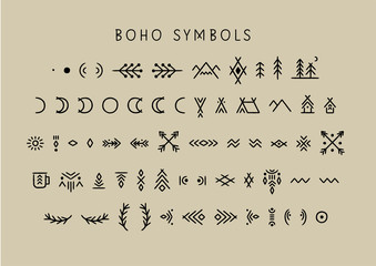 Vector set of line art symbols for logo design and lettering in boho style