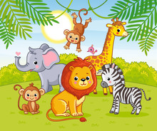 Cute African Animals In The Jungle. Animals In The Green Jungle