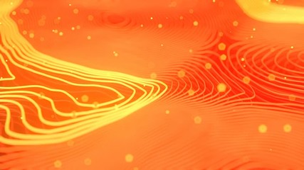 Poster - Orange colored abstract background with bright particles. Deformed wavy wires with motion glowing elements. Depth of field. 3D render loop animation. 4K, Ultra HD resolution.