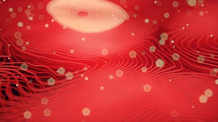 Poster - Red colored abstract background with bright particles. Deformed wavy wires with motion glowing elements. Depth of field. 3D render loop animation. 4K, Ultra HD resolution.