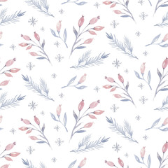 Naklejka na meble Watercolor seamless Christmas pattern with floral forest tree, snowflakes, pine branches. Penguin winter snow hand drawn