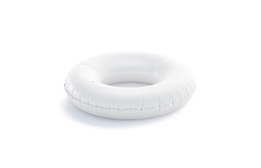 Blank white swim ring mock up isolated, side view, 3d rendering. Empty inflatable lifebuoy mockup for swimming . Clear safe rubber circle mock-up for beach, aquapark, cruise, ship template.