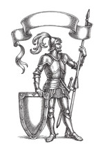 Hand Drawn Illustration, Medieval Knight With A Flag And Shield.