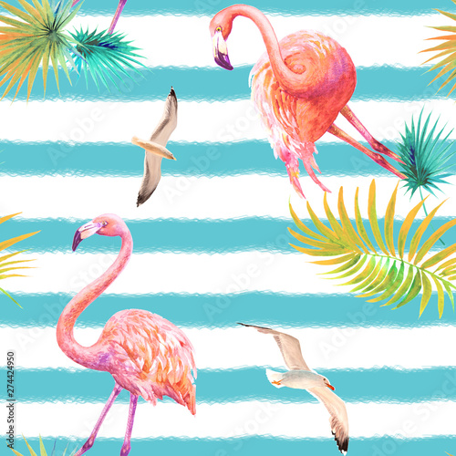 Tropical summer arrangements with flamingos, palm leaves. Watercolor illustra...