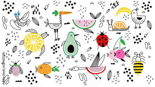 Cuadros en Lienzo Animals fruit characters Doodle illustration hand drawn background