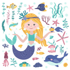 Poster - Set of cute mermaid, seaweeds and marine inhabitants