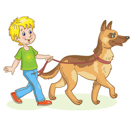 Wall Mural - Little boy goes with a big dog German shepherd breed. Isolated on a white background. Vector illustration.