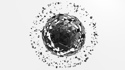 Metal sphere of extruded triangles with particles around. 3d render