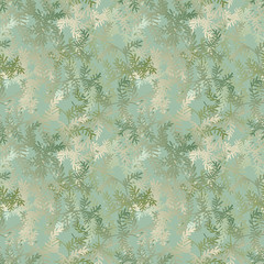 A seamless vector pattern with christmas tree branches in pale green gradients. Surface print design.