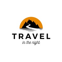 Wall Mural - Mountain silhouette with road and yellow sun logo design
