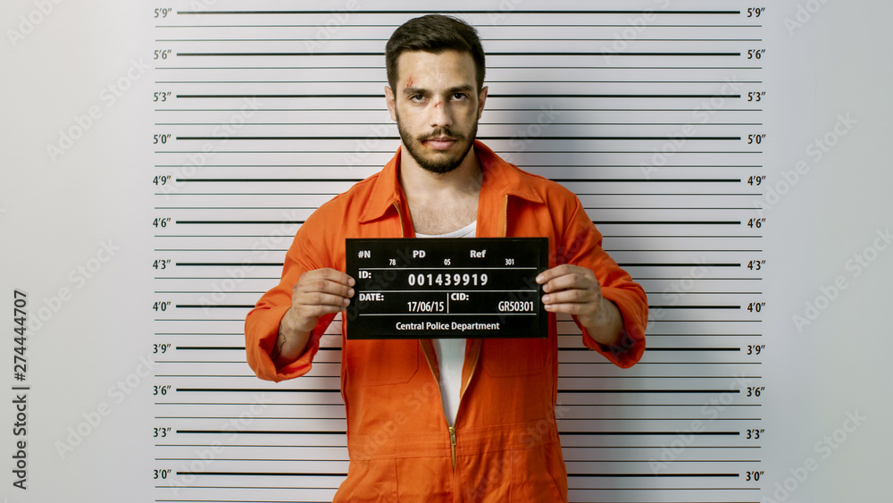 In a Police Station Arrested Man Getting Front-View Mug Shot. He's Wearing Prisoner Orange Jumpsuit and Holds Placard. Height Chart in the Background. - obrazy, fototapety, plakaty 