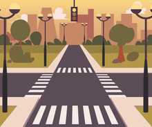 Cartoon City Landscape With A Crossroad Vector Illustration Background.
