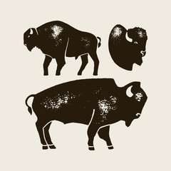 Bison Silhouette Icon. Vector Hand draw bison Symbol of America In Retro style with Grunge Texture