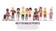 Help and support of disabled people banner flat vector illustration isolated.