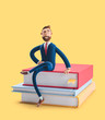 © bestpixels - Cartoon character beard businessman Billy is sitting on a stack of books. The concept of business education. 3d illustration on yellow background