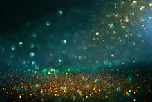 Abstract Glitter Lights Background. Black, Blue, Gold And Green. De-focused