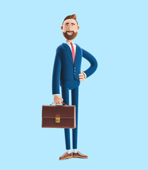 Portrait of a handsome cartoon character Billy stand with case. 3d illustration on blue background