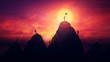 © 1STunningART - Self overcome concept as a person on the top raises the finish flag after climbing the mountain obstacles competing with other rivals