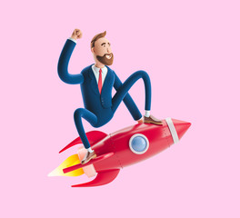 Businessman Billy flying on a rocket up. 3d illustration on pink background. Concept of  business startup, launching of a new company.