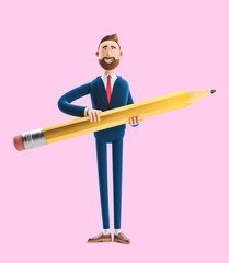 Cartoon character Billy with a big pencil. 3d illustration on pink background