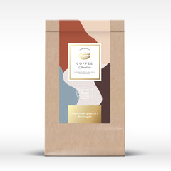Wall Mural - Craft Paper Bag with Coffee Chocolate Label. Abstract Vector Packaging Design Layout with Realistic Shadows. Modern Typography, Hand Drawn Bean Silhouette and Colorful Background.