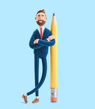 Cartoon Character Billy With A Big Pencil. 3d Illustration On Blue Background