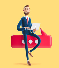 Wall Mural - 3d illustration. Portrait of a handsome businessman with laptop and bubble talk. Conversation concept on yellow background.