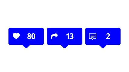 Poster - Blue buttons of Like, Share and Comments with increasing counting of numbers on white background. Animation. Abstract animation of social media reaction buttons