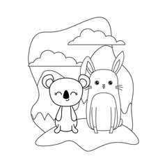 Sticker - cute rabbit with koala animals in landscape