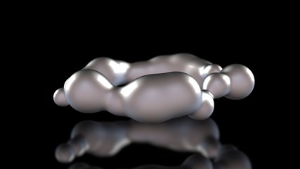 Poster - 3D illustration of amorphous white drops of different shapes in space on a black reflective background. Abstract image for screensavers and background 3D rendering of futuristic object, glowing liquid