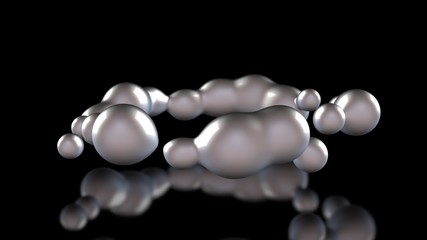 Poster - 3D illustration of amorphous white drops of different shapes in space on a black reflective background. Abstract image for screensavers and background 3D rendering of futuristic object, glowing liquid