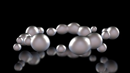 Poster - 3D illustration of amorphous white drops of different shapes in space on a black reflective background. Abstract image for screensavers and background 3D rendering of futuristic object, glowing liquid