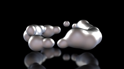 Poster - 3D illustration of amorphous white drops of different shapes in space on a black reflective background. Abstract image for screensavers and background 3D rendering of futuristic object, glowing liquid