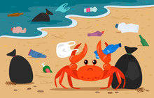 Sea Crab Entangled In Plastic On The Background Of Landfills And Garbage Bags On The Beach. Flat Vector Illustration