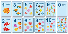 Printable Flashcard Collection For Numbers From 0 To 10 For Children On The Sea Animals And Fish Theme