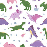 Fototapeta Pokój dzieciecy - Vector seamless pattern with cute dinosaurs with clouds, eggs, bones, birds for children. Dino flat cartoon characters background. Cute prehistoric reptiles illustration..