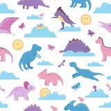Fototapeta Pokój dzieciecy - Vector seamless pattern with cute dinosaurs on day sky with clouds, sun, butterflies, birds for children. Dino flat cartoon characters background. Cute prehistoric reptiles illustration..