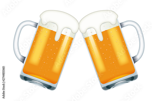 リアルテイストのビールのイラスト ベクター 乾杯 文字有 白背景 あふれる泡のビアジョッキ 居酒屋 飲み屋 Wall Mural Globeds