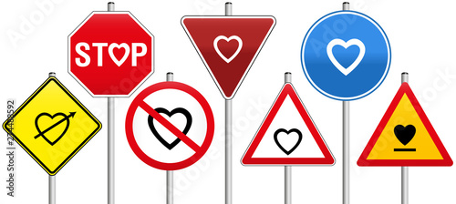 Fotografía Seven traffic signs with hearts concerning love, like warning- stop- yield- or prohibition-signs