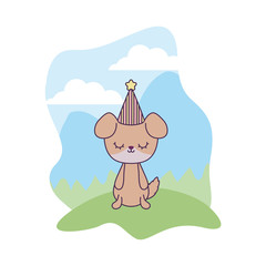 Sticker - cute dog animal with hat party in landscape