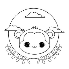 Sticker - head of monkey in frame circular with crown of leafs