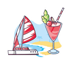 Poster - sailboat travel in the beach with cocktail