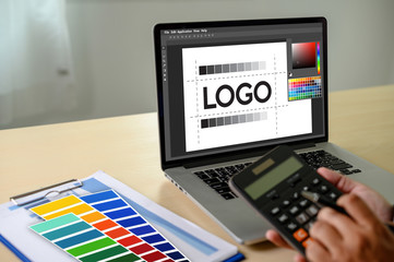 Aufkleber - Creative Designer Graphic at work. , Illustrator Graphic designer working digital tablet and computer Color swatch samples