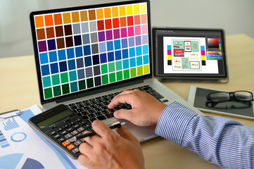 Aufkleber - Creative Designer Graphic at work. , Illustrator Graphic designer working digital tablet and computer Color swatch samples