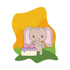 Poster - cute elephant animal with cake of birthday