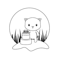 Sticker - cute piggy animal with cake of birthday