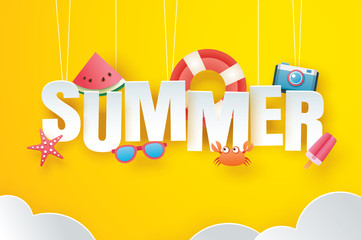Wall Mural - Hello summer with decoration origami hanging on yellow sky background. Paper art and craft style. Vector illustration of life ring, ice cream, camera, watermelon, sunglasses.