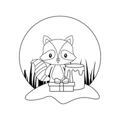 Sticker - cute raccoon with cake of birthday and gift box